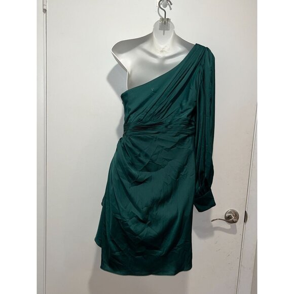 LEENA For Mac Duggal Emerald One-Shoulder Satin Ruffle Cocktail Dress Size 6 Wom - Picture 5 of 9